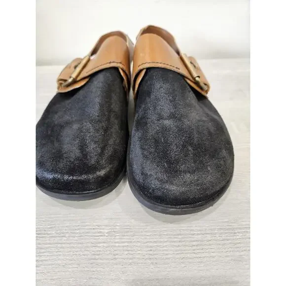 Free People Seattle Slingback Black + Brown Buckle Suede Size 38 US W 7.5 - Picture 2 of 9